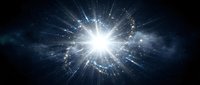 Cosmic explosion with bright white light burst radiating energy beams and sparkling particles across deep blue space background for sci-fi designs.