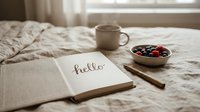 Cozy morning bed scene with open notebook saying hello, steaming coffee mug, fresh berries bowl, and pencil on linen bedding.
