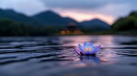 Single blue water lily floating on rippling lake surface at sunset with mountains and forest silhouettes in background, creating serene natural atmosphere.