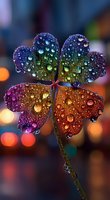 Rainbow-colored four-leaf clover with water droplets against blurred bokeh background, creating magical nature macro photography with vibrant gradient colors.