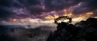 Crown of thorns resting on rocky mountain peak during dramatic sunset with purple and golden clouds, symbolizing sacrifice and spirituality.