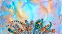 Watercolor feathers with peacock plume on colorful abstract background. Boho style decorative elements for creative projects and artistic designs.