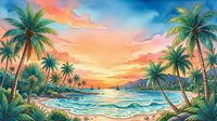 Tropical beach sunset watercolor painting with palm trees, ocean waves, and vibrant sky in orange, pink, and blue tones for wall art.