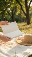 Woman hands holding open book outdoors on sunny day with straw hat on blanket in park for relaxing summer reading and leisure activities.