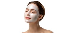 Young woman with facial clay mask during spa treatment, eyes closed with serene expression against white background, clean skincare concept.