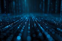 Abstract digital technology background with glowing blue dots and lines forming futuristic grid pattern, depth of field effect creates atmospheric perspective.