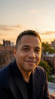 Professional mixed-race businessman smiling confidently during golden hour sunset with urban cityscape background for corporate headshots and marketing.