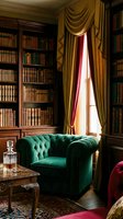 Elegant home library with emerald velvet armchair, antique bookshelves, ornate curtains and vintage decor creating sophisticated reading room atmosphere.