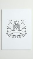 Halloween line art featuring spooky castle with crescent moons, cauldrons, bats and pumpkins on white background for coloring books and seasonal crafts.