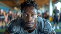 Athletic African American male in workout attire during intense training session at modern gym facility, displaying determination and focus perfect for sports and fitness marketing.