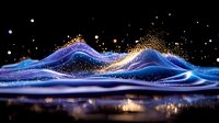 Magical glowing waves with golden sparkles and blue light trails creating abstract landscape reflection on dark background, mystical energy flow effect.