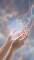 Open hands reaching toward glowing sacred geometry mandala symbol floating in cosmic starry nebula background for spiritual healing meditation concepts.