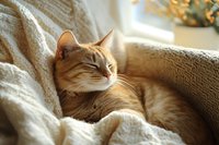 Ginger tabby cat relaxing on cozy blankets near sunny window, domestic pet lounging indoors for home comfort and lifestyle content.