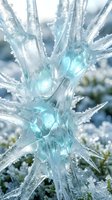 Frozen ice crystal formation with sharp translucent spikes and frost patterns in winter landscape for seasonal design projects.