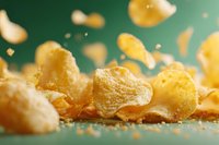 Golden crispy potato chips falling and bouncing with salt crystals against green background for snack food advertising and packaging design.