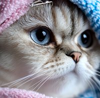 Close-up portrait of white cat with bright blue eyes wrapped in pink and blue soft blankets, showing gentle expression and detailed whiskers in macro photography.