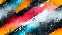 Vibrant diagonal stripes in orange, red, turquoise and white with black grunge texture and paint splatter effects create dynamic abstract background pattern.