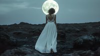 Young African American woman in flowing white dress stands on rocky terrain against full moon backdrop, creating mystical atmospheric scene in blue-tinted nighttime setting.