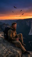 Male hiker with backpack sitting on mountain cliff edge at sunset, watching birds fly over vast canyon valley landscape below during golden hour adventure.