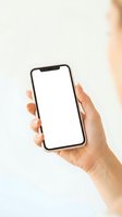 Female hand holding smartphone with blank white screen mockup for app presentation and mobile interface design projects.
