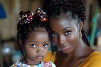 African American mother and daughter with natural hairstyles and colorful headbands sharing tender moment together in bright indoor setting.