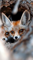 Red fox with striking amber eyes peering from rocky den shelter, displaying alert expression and russet fur markings. Wildlife and nature photography.