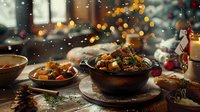 Hearty winter stew in rustic bowl on festive holiday table with warm bokeh lights and falling snow creating cozy atmosphere.