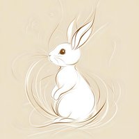 White bunny rabbit with delicate line art details and flowing curves on beige background, isolated design element for stationery, fabric prints and Easter decorations.