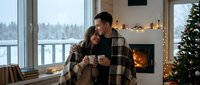Young couple embracing by fireplace in cozy winter cabin with Christmas tree and snowy mountain view through large windows during holiday season.