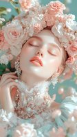 Ethereal portrait with delicate pink roses and white hydrangeas crown, featuring soft makeup, closed eyes, and crystal jewelry against turquoise background.