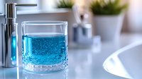 Glass of blue mouthwash on bathroom counter with soap dispenser and decorative plants in background, fresh clean modern bathroom interior design.