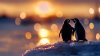 Silhouette of two penguins standing close together against golden sunset background with bokeh lights, creating romantic mood on snowy ground at dusk.