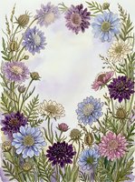 Watercolor floral frame with purple, blue, and pink wildflowers forming a border around a soft lavender center, perfect for cards and invitations.
