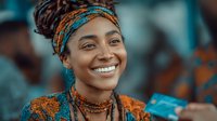 Young African woman wearing traditional colorful headwrap and jewelry smiling warmly at camera with vibrant cultural attire and authentic expression.