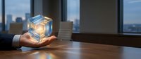 Businessman holding glowing cube with digital network connections in modern office with city skyline view, representing innovation and technology solutions.