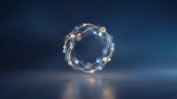 Glowing wire lights arranged in circular formation on dark blue background, creating luminous orb effect for technology and innovation concepts.
