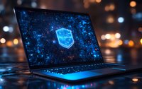 Laptop with glowing blue shield icon on screen against blurred city lights background, representing cybersecurity and digital protection.