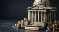 Classical bank building with golden coins stacks representing financial growth and investment success in economic prosperity concept.