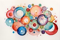Vibrant watercolor circles and bubbles in coral, turquoise, and navy create an abstract composition perfect for modern wall art, greeting cards, or creative background designs.
