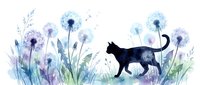 Young black cat walking through field of purple and blue dandelions with watercolor foliage, isolated on white background for design projects.
