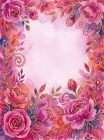 Watercolor pink and magenta floral frame with gold accents, roses and peonies surrounding a soft pink center for text or design.