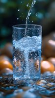 Crystal clear water splashing into glass with dynamic bubbles and droplets against blurred background, capturing refreshing drink motion in macro photography.