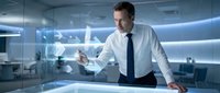 Middle-aged Caucasian businessman in white shirt and tie using tablet in modern futuristic office with holographic interface technology for corporate presentations.