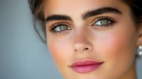 Close-up portrait of young Caucasian woman with natural makeup, blue eyes and pink lips. Professional beauty shot for cosmetics and skincare concepts.
