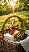 Wicker picnic basket filled with wine bottle, cheese, olives and linen cloth in sunny garden setting. Outdoor food and beverage arrangement for summer gatherings and leisure activities.