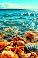 Colorful seashells and starfish scattered on sandy beach shore with sparkling ocean waves and turquoise water under bright sunny sky for summer vacation.