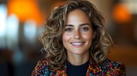 Young woman with curly blonde hair and bright smile wearing colorful sequin jacket and black top against blurred warm background. Professional headshot style portrait.