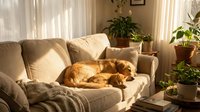 Orange tabby cat sleeping peacefully on beige sofa in sunlit living room with houseplants creating cozy home atmosphere for pet lifestyle content.