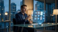 Middle-aged Caucasian businessman using holographic interface technology in modern office at night with city skyline view for futuristic business concepts.