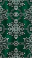 Elegant green damask pattern with ornate silver flourishes and decorative motifs for luxury interior design and textile applications.